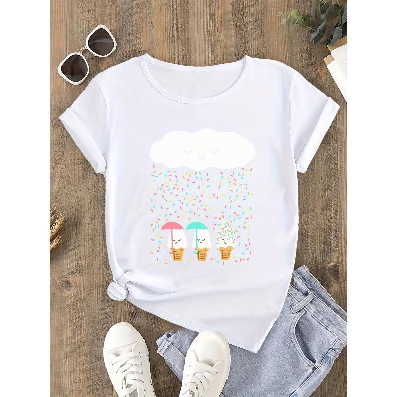 Women's Plus Size Casual Sport T-Shirt, Breathable Fabric, Round Neck, Short Sleeve, Loose Fit, Cartoon Ice-cream Print