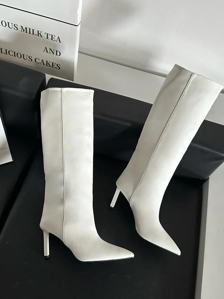 Francia Hegyes Orrú Széles Szárú Csizma Nőknek Modern Cipő Retro Felhúzható Térdcsizma Vékony Magassarkú Lovaglócsizma Zapatos