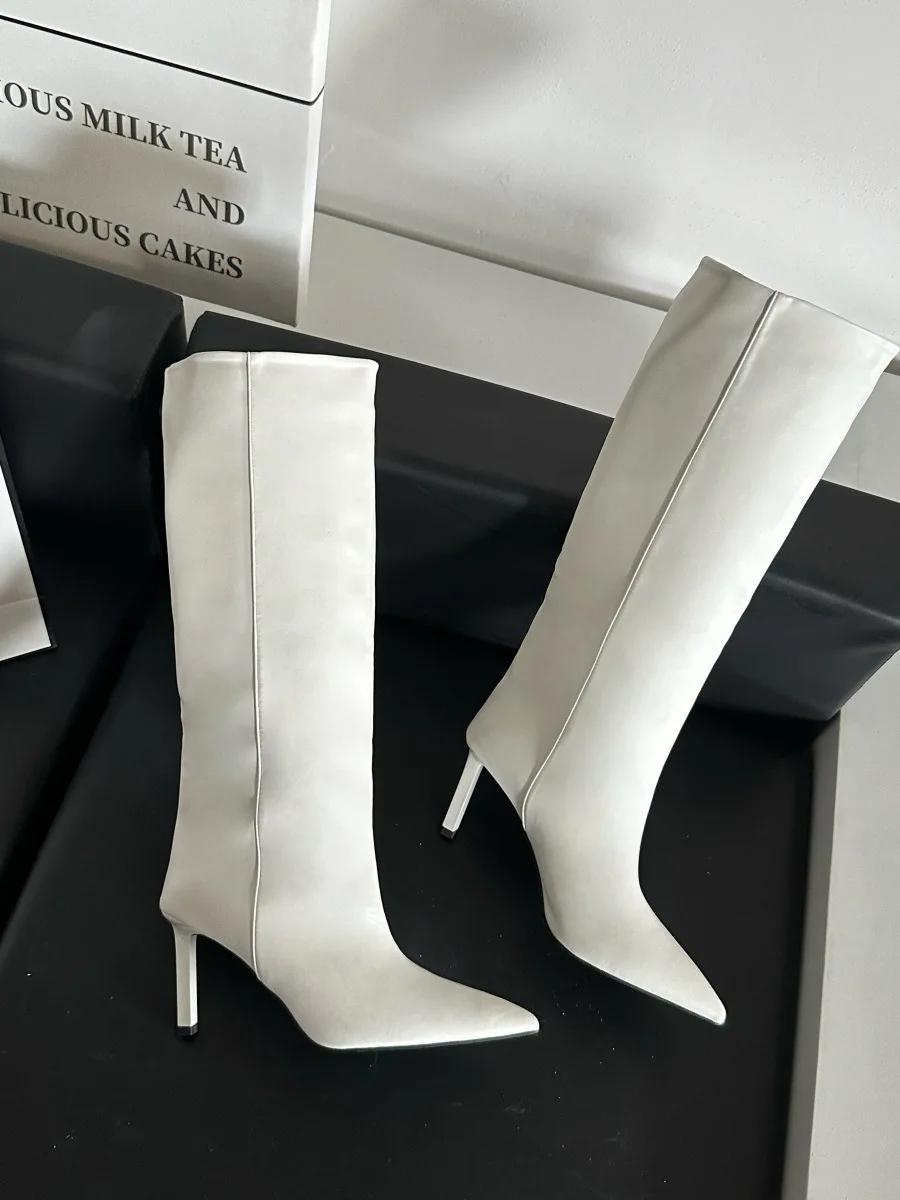 

Модні французькі чоботи з гострим носком та широкою халявою для жінок, сучасне взуття в ретро стилі, сліпони до коліна, на тонкому високому підборі, чоботи лицаря, zapatos 37