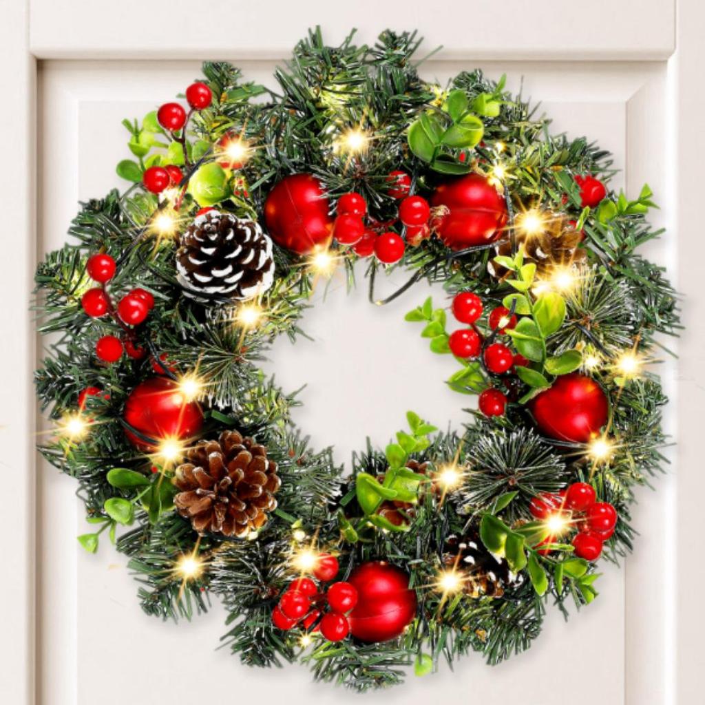 40CM Christmas Wreath with Red Berries, PE Leaves, and Pine Cones Ornaments