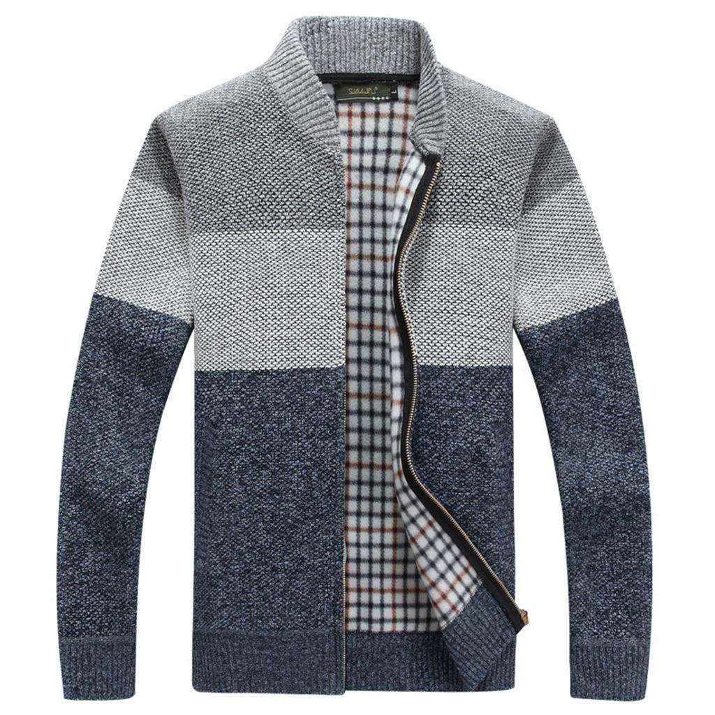 Men's Long-sleeved Stand-up Collar Colorblock Plush Thickened Cardigan Sweater Slim Fit Casual Sweater