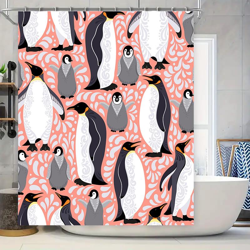 Pink and White Penguin Shower Curtain Set Waterproof Bath Decor for Kids Room 3D Printed Fabric Available in Different Sizes Fas