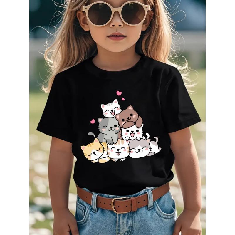 European sizes Summer Fashion Short-Sleeve T-Shirt for Girls Featuring a Cute Cat Cartoon Print, a Versatile Casual Top