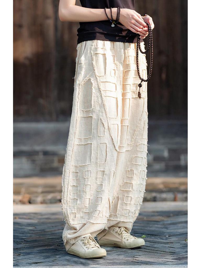 Unisex Boro-Style Linen Lantern Pants with Raw Edges for Meditation - Wide Leg & Autumn-Inspired Design