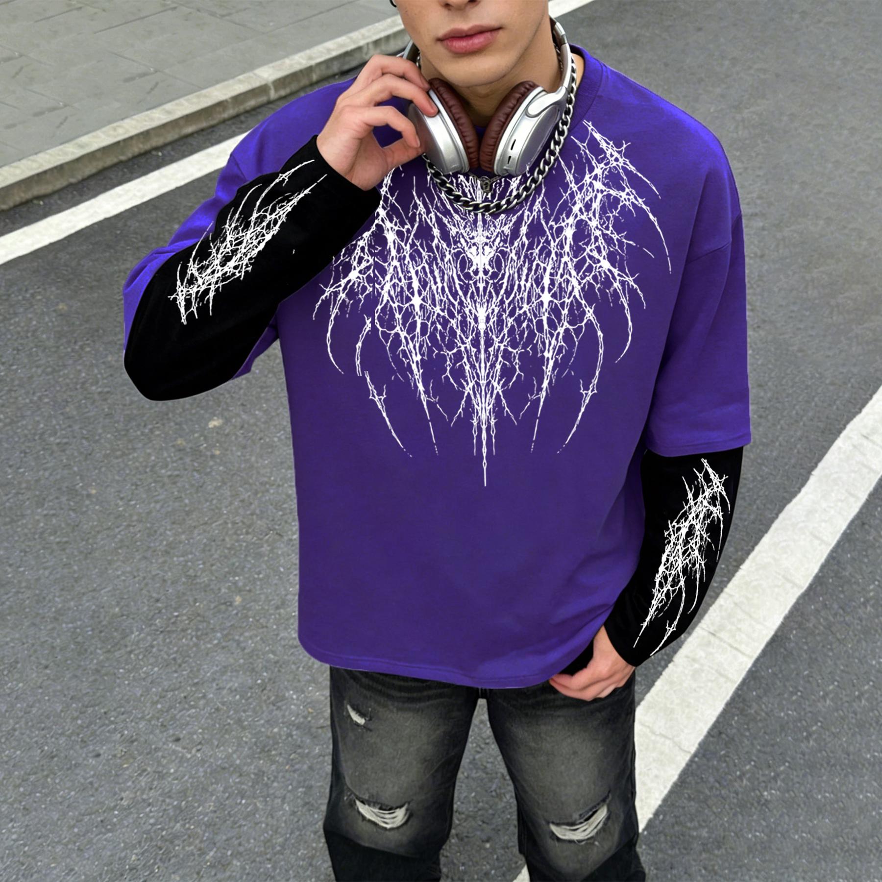 Farbblock-Langarm-T-Shirt, Street-Style Dunkles Gothic Dornen-Print-Langarm-T-Shirt, Lockeres Oversized Freizeit-Oberteil (Unisex) M violett