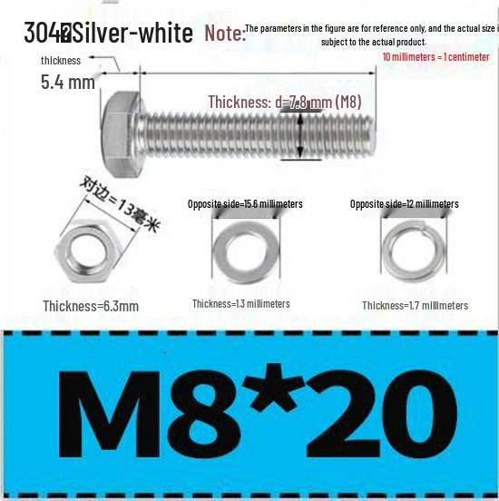 304 Stainless Steel Hex Head Bolt and Nut Set M6-M14, Lengths 8-100mm