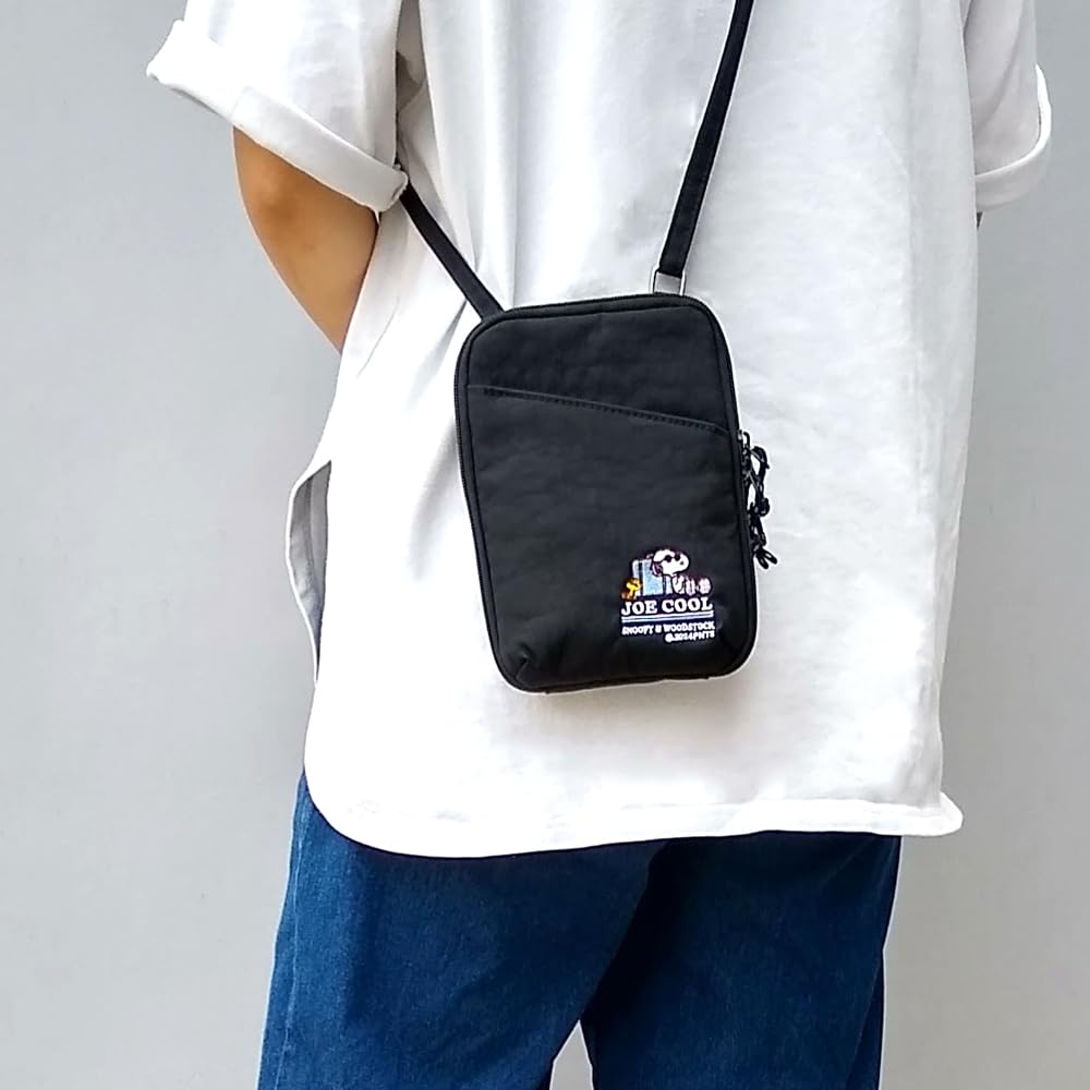 SNOOPY Shoulder Vertical Crossbody Round Zipper Cute JC Blue Line Gray Wallet, Women's, Strap, Wallet, Strap, Smartphone/Card Holder, closure,