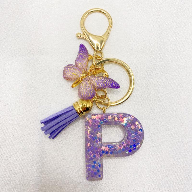 26-Letter Alphabet Resin Keychain with Star Sequins & Tassel Charm
