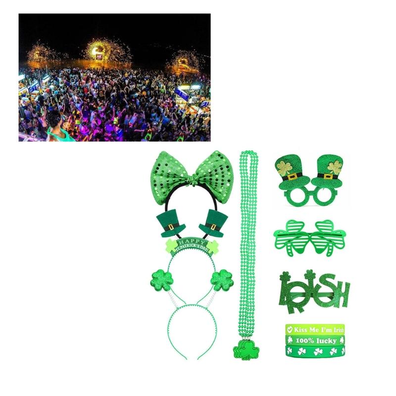 St Patricks Day Women Shamrock Headband with Bangles&Beads Necklace&Glasses Festival Costume for Cosplay Performances