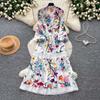2026 New Floral Print Lace Patchwork Maxi Dress Women Elegant V Neck Long Sleeve White Casual Party Long Dresses Bohemian Robe