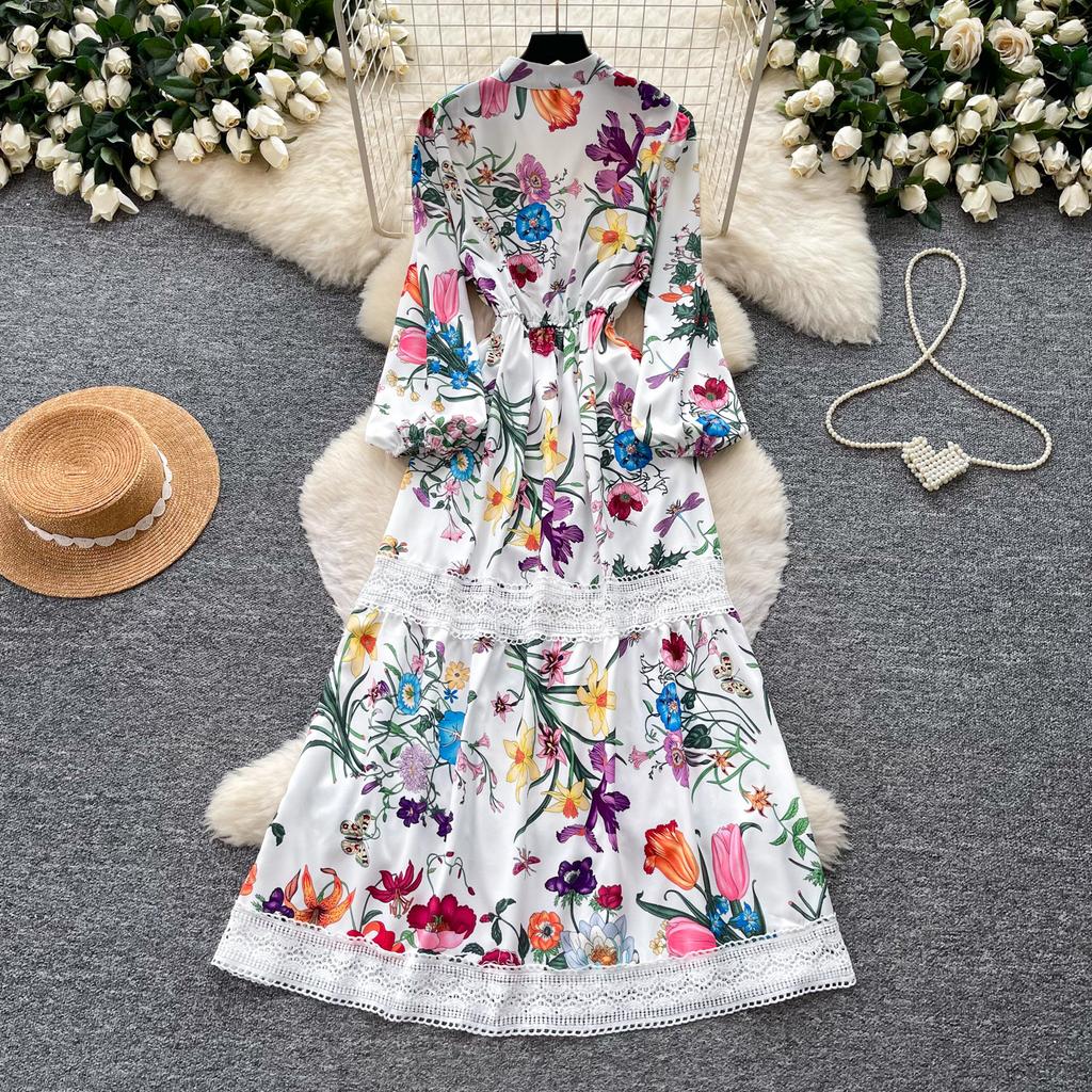 2026 New Floral Print Lace Patchwork Maxi Dress Women Elegant V Neck Long Sleeve White Casual Party Long Dresses Bohemian Robe