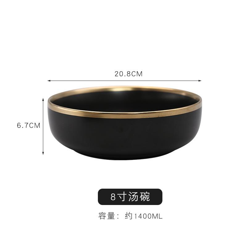 Matte Black Ceramic Dinnerware Set with Gold Trim 1PC Bowls Plates Soup Dishes Ins Style Tableware