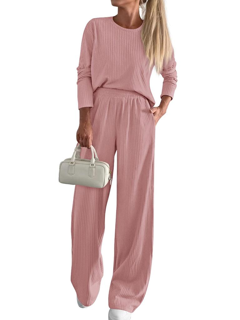 Autumn Trendy Two-Piece Casual Long Sleeve Ribbed Knit Wide Leg Pants Set Women's Fall Fashion