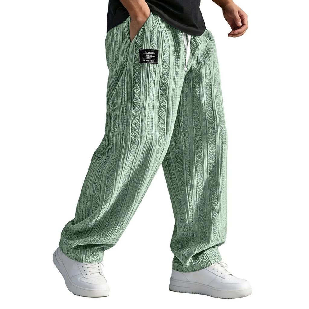 Herren Strick Jacquard Lässige Sporthosen, Lockere Gerade Tunnelzug Hosen mit Tasche, Frühling Sommer Passform, Europäischer Amerikanischer Stil, Vielseitig
