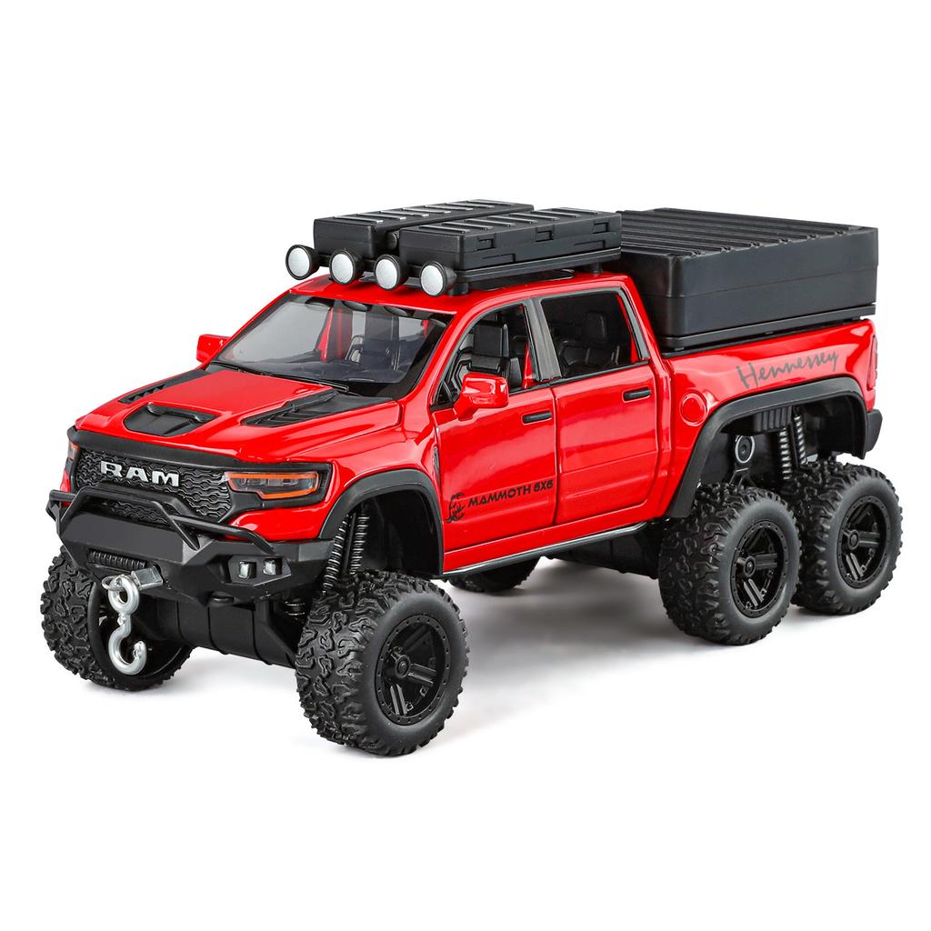 1/32 Dodge RAM 1500 TRX 6X6 Tyrannosaurus Rex Picku Alloy Car Model Sound and Light Children's Toy Collectibles Birthday Gift