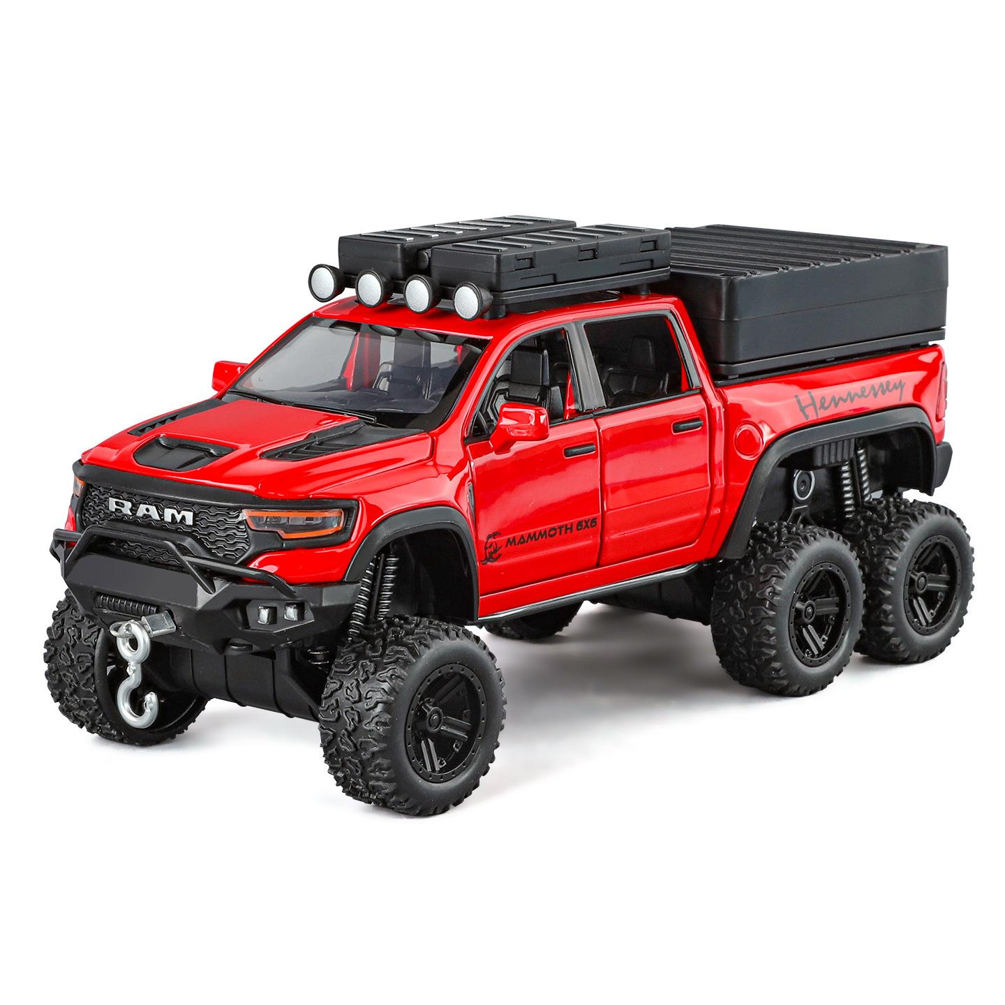 

1/32 Dodge RAM 1500 TRX 6X6 Tyrannosaurus Rex Picku Модель автомобиля из сплава Звук и свет Детская игрушка Коллекционные предметы Подарок на день рождения красный