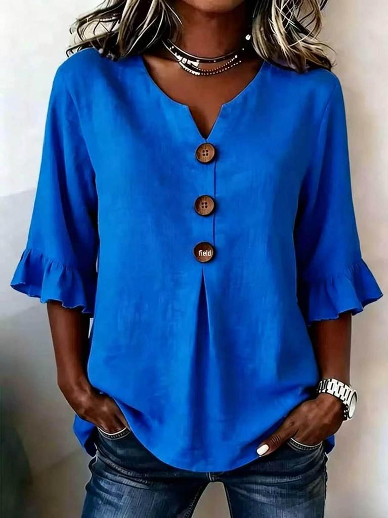 2026 Summer European & American Women's V-neck Cotton Linen Fashion Shirt