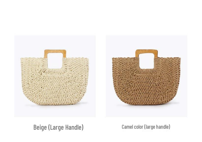 Borsa Intrecciata Casual Fatta a Mano con Manico in Legno - Grande Capacità per Spiaggia Estiva e Viaggi