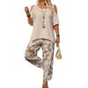 Women's 2 Piece Outfit Off Shoulder Irregular Hem Tunic Top with Loose Wide Leg Pants Summer Fashion Set