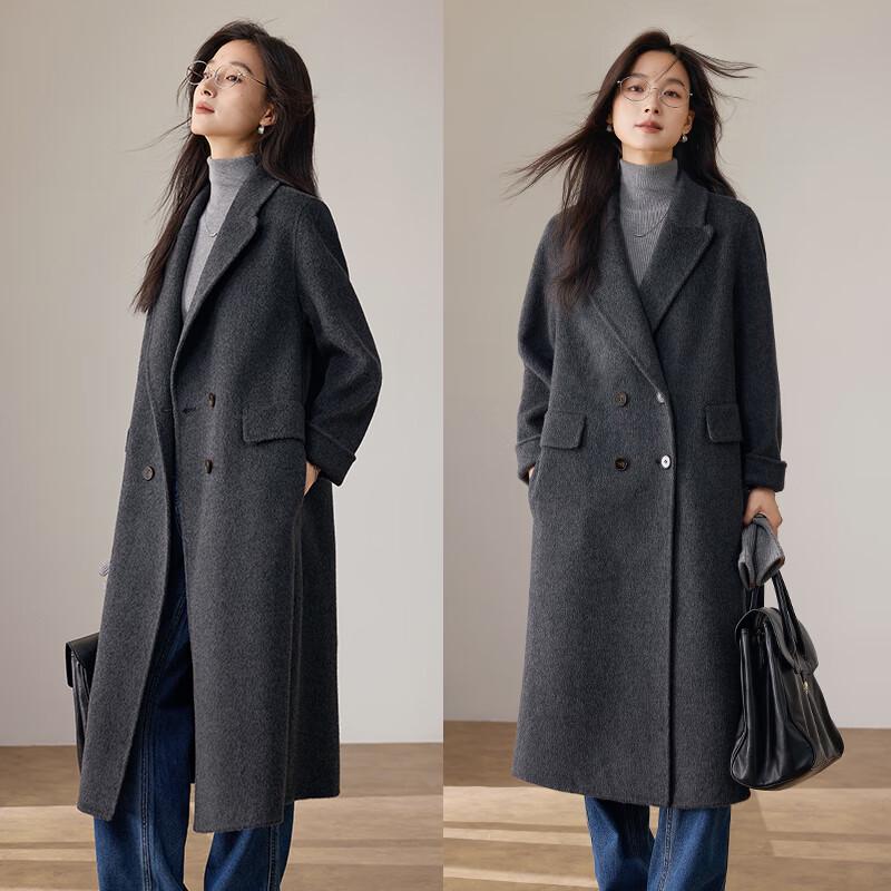 VICTORIA&VERA Women's Double-Breasted Long Woolen Coat