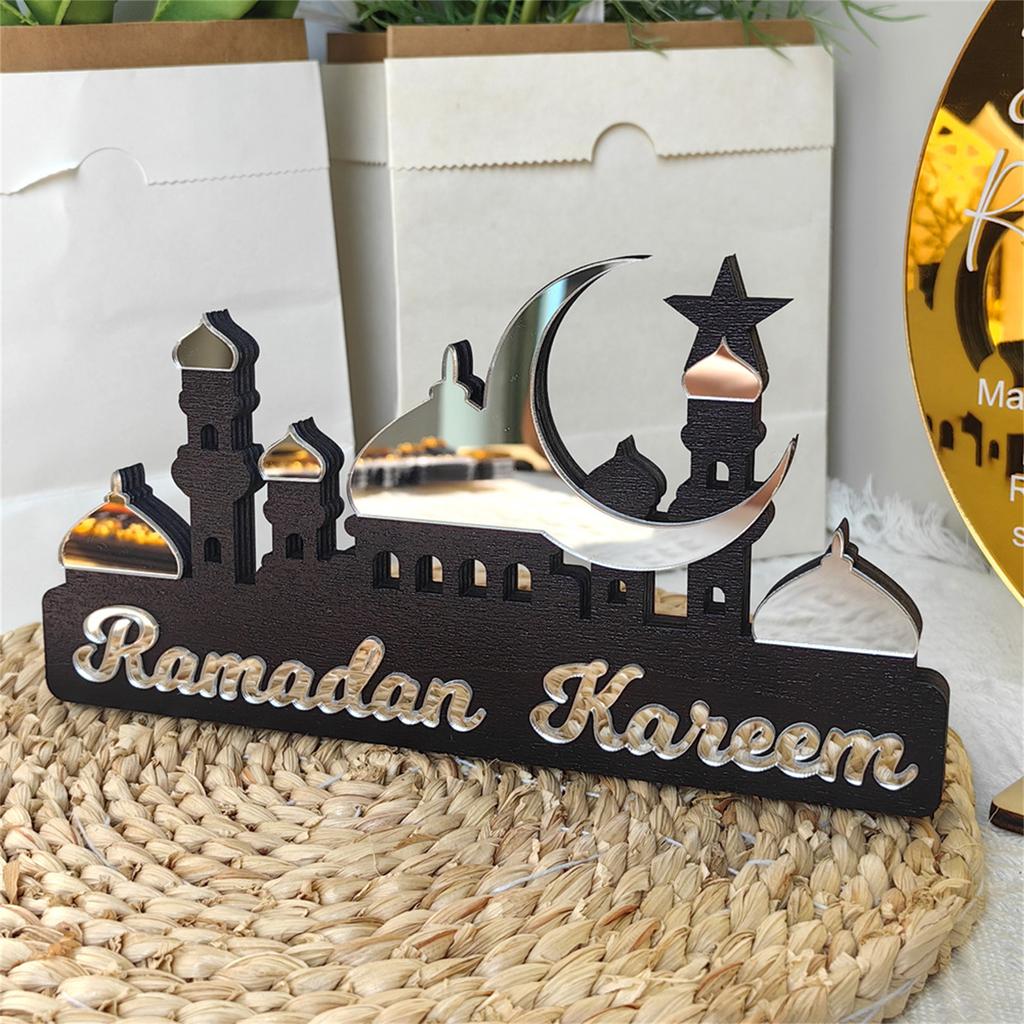 Customizable Ramadans Table Sign Acrylic Gold Silver Hollowed Castles Pattern Islamic Home for Holiday Gifting