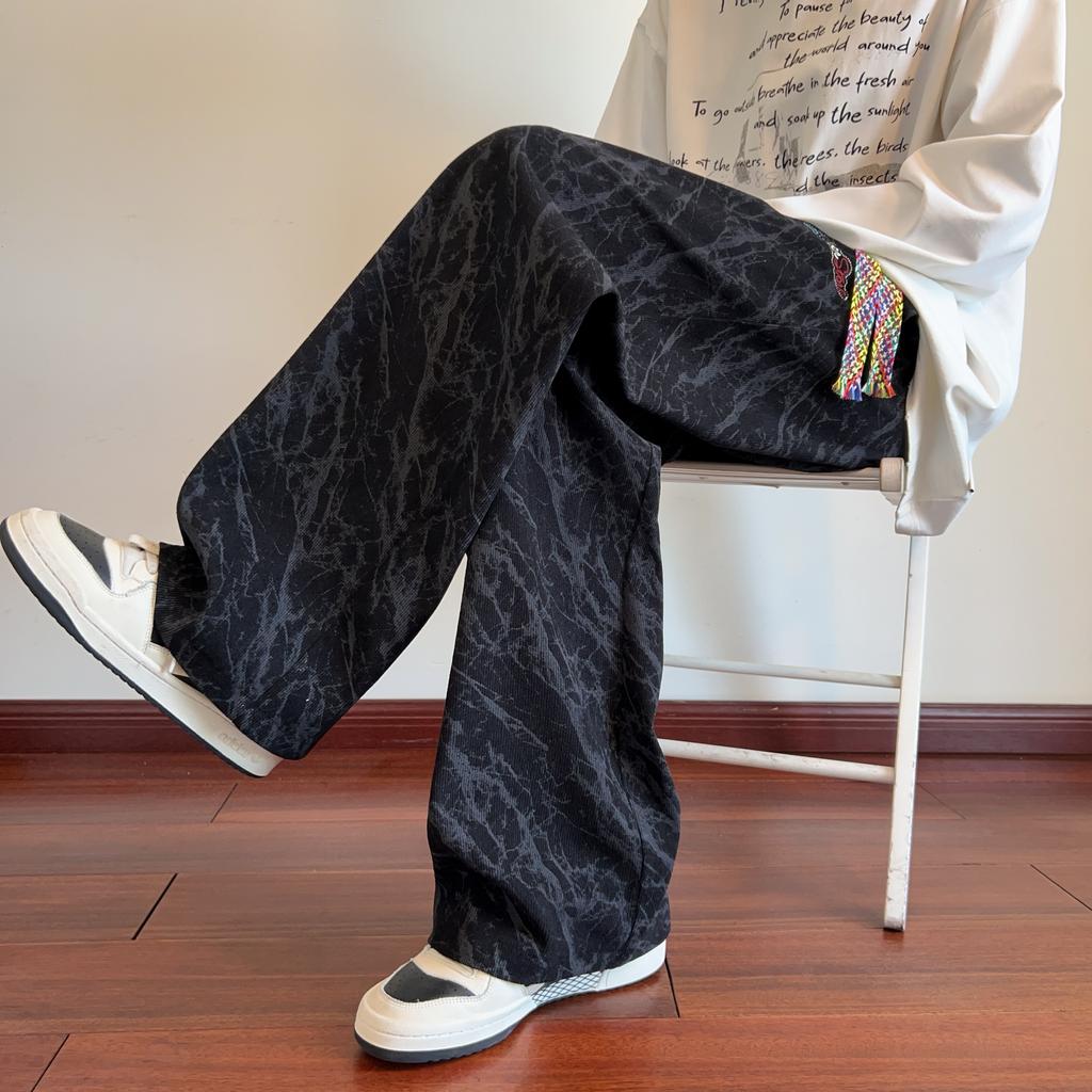 Corduroy Tie-Dye Embroidered Black Casual Pants Men's Trend Teen Loose Straight Pants
