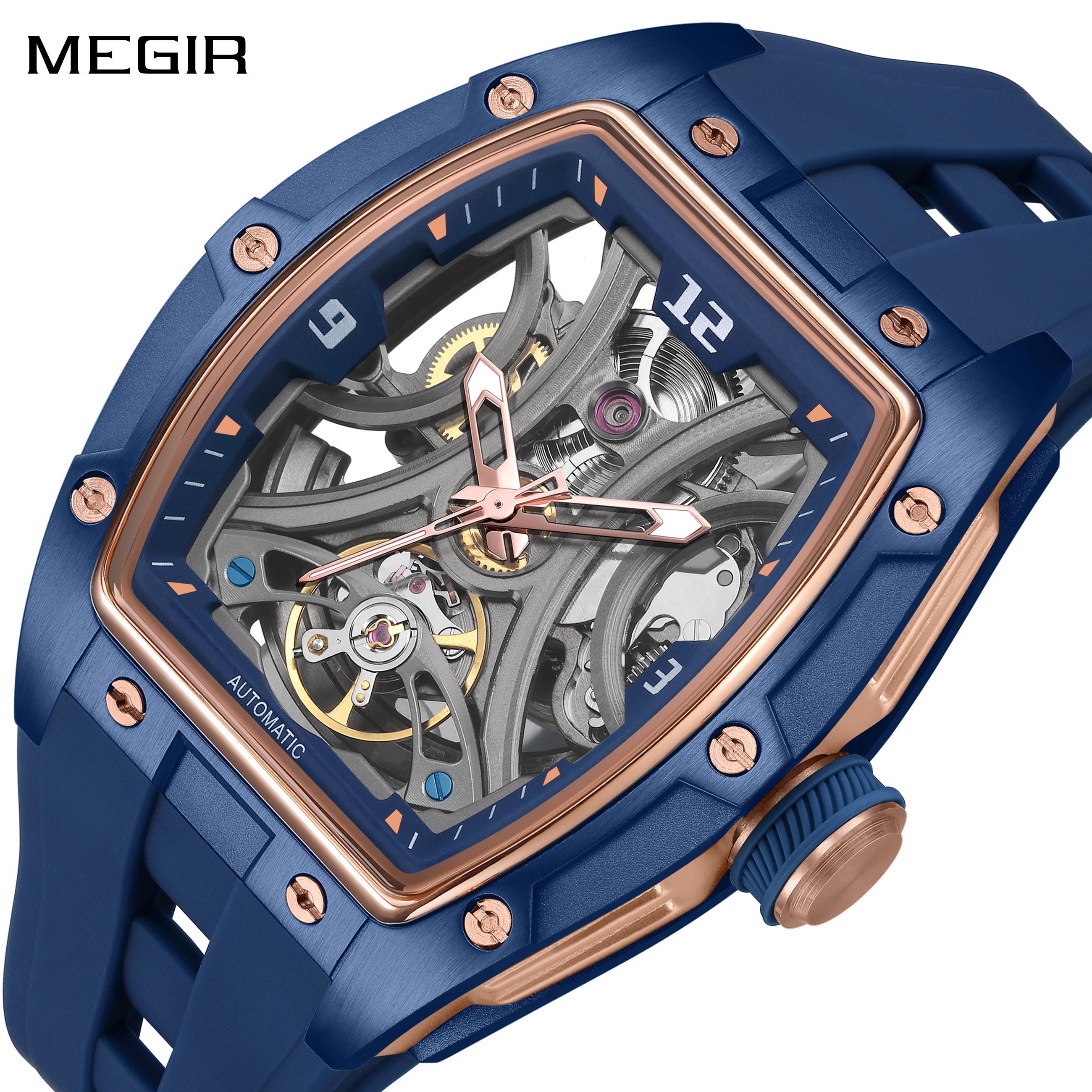 Megir Men's Yellow Brand Tonneau Skeleton Dial Automatic Watch Waterproof Luminous Sport Mechanical Business Wrist Watches 2245