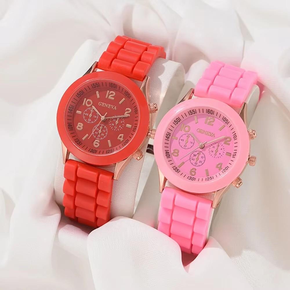 2-teiliges Luxus-Uhrenset für Damen, modisch, luxuriös, elegant, Legierung, Armbanduhr mit Silikonarmband, Paaruhr für Männer, Quarz, Urlaubsgeschenke pink