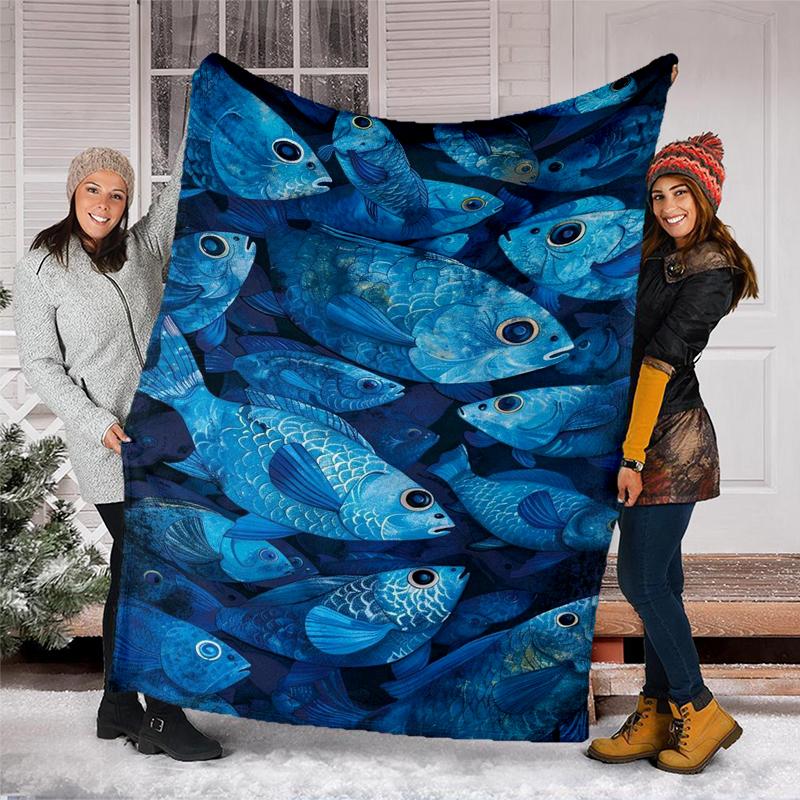 Blue Fish School blanket Personalized Name Flannel Blanket Soft Cozy Plush Throw for Sofa Bed Lightweight Home Décor