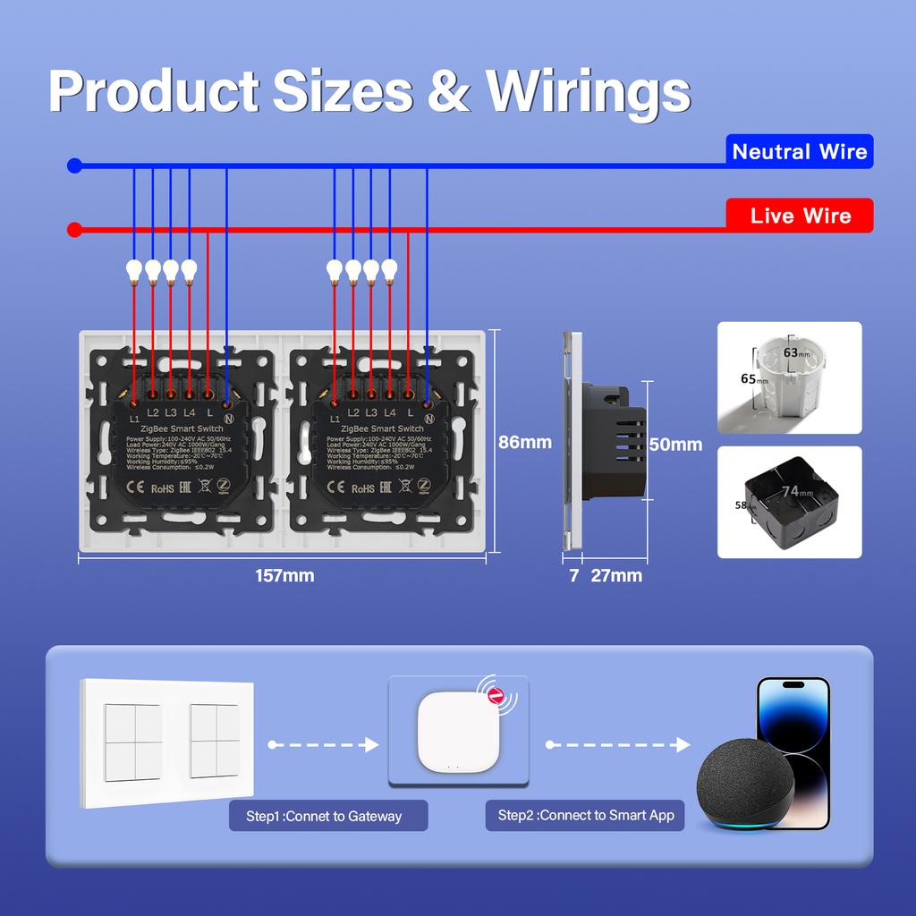 BSEED ZigBee Click Switches Series Wall Smart Click Light Switches Yellow Backlight Glass Frame Tuya APP Switch EU Standard