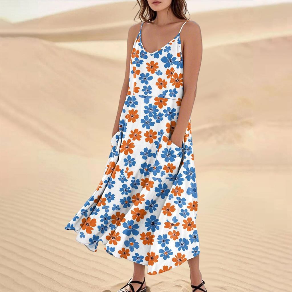 Women's Casual V Neck Floral Print Sleeveless Pocket Suspender Dress
