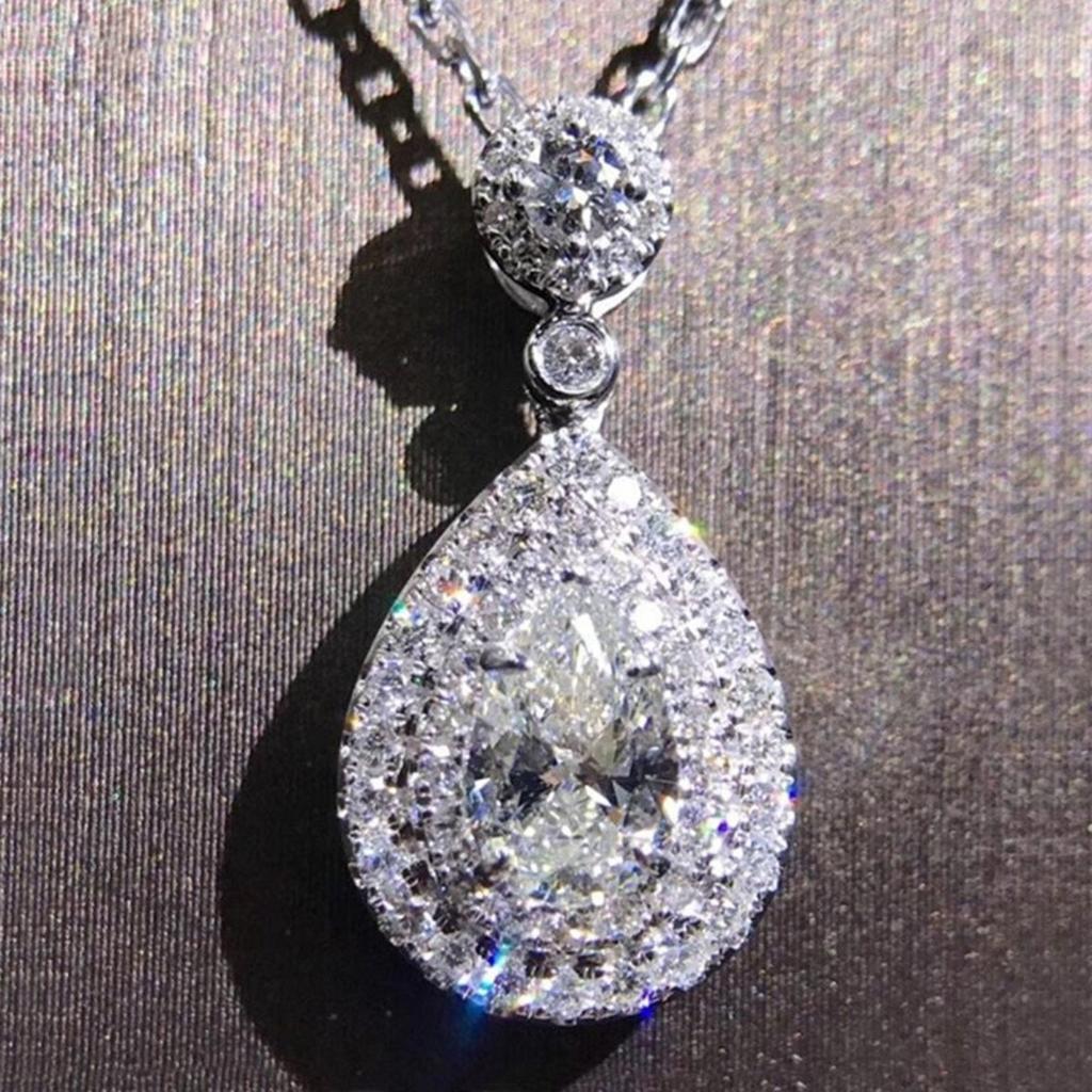 Sparkling Teardrop Pendant Necklace Elegant Double Halo Design Dainty Clavicle Chain for Women for Party Wedding and Daily Wear