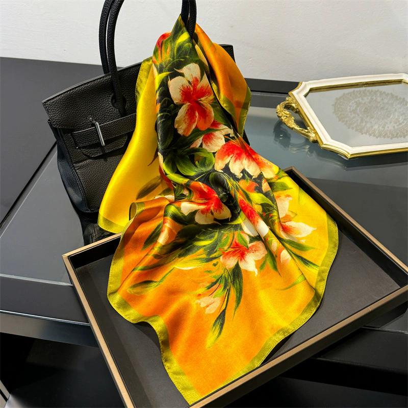 53cm Square Scarf 100% Pure Real Silk Scarves for Women Foulard Fashion 2025 Floral Brand Print Shawls Hijab Bandana Headband