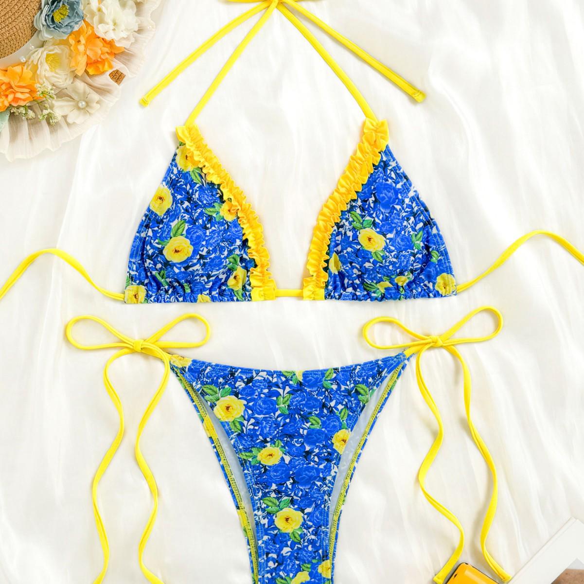 

2025 New European & American Beach Style Printed Bandage Bikini: Sexy Split Swimsuit for Women Small
