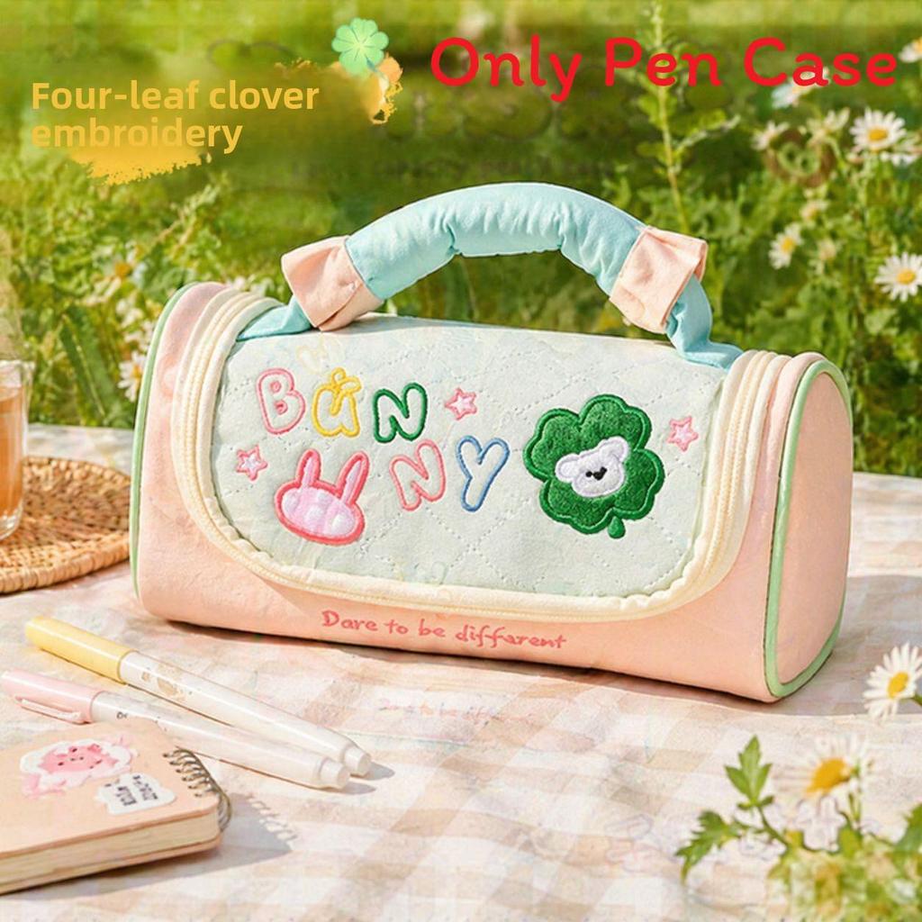 Oxford Cloth Cute Clover Pencil Case With Embroidery Large Capacity For Students And Office