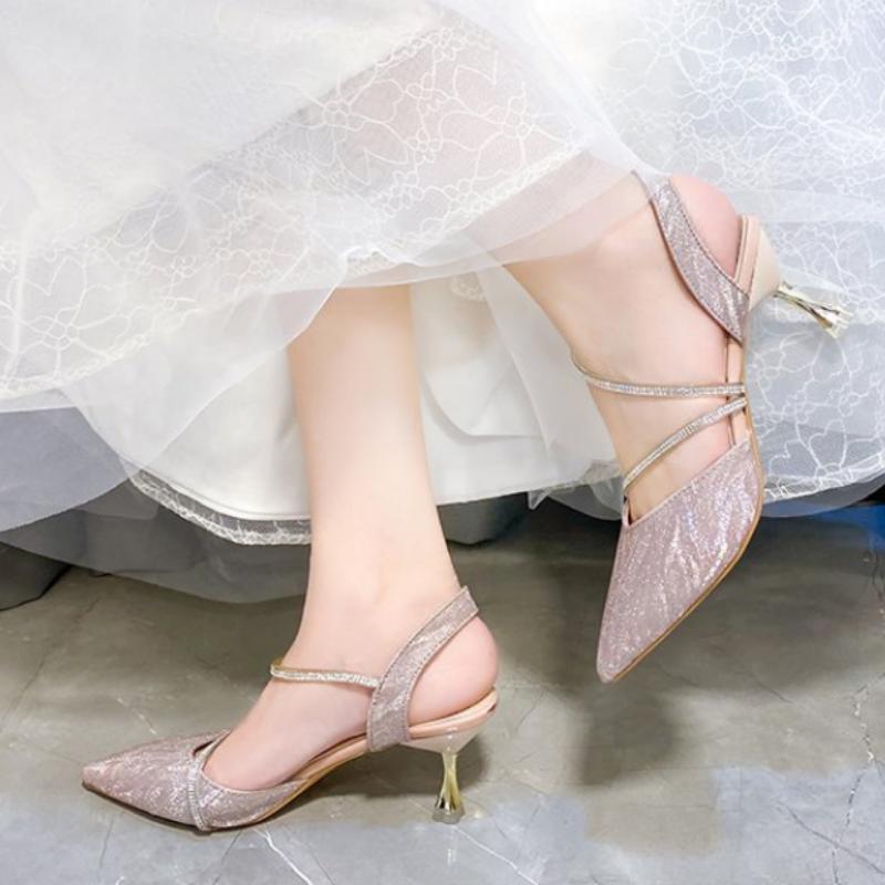 Fashion Rhinestone High Heels Sandals Women New Summer Shoes Woman Fashion Pointed Riband Buckle Strap Silver Ankle Strap Ladies Shoes