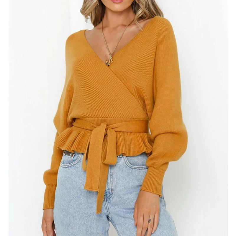Office Lady Solid Color Tops Autumn Winter Sexy V-neck Back Strap Pullover Women Elegant Fashion Sweater Loose Clothes  28267