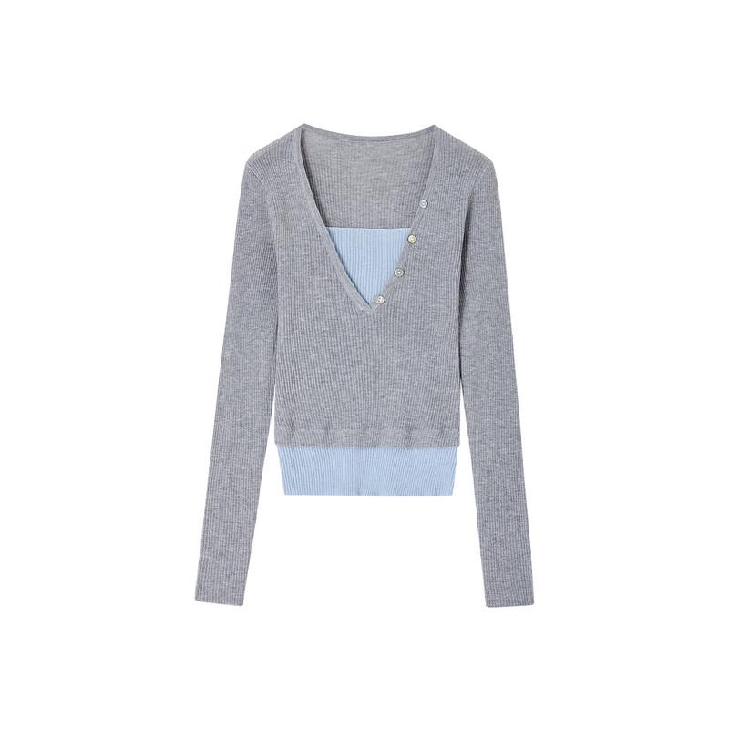 Women's Slim Fit Faux Two-Piece Wool Blend Colorblock Knit Top