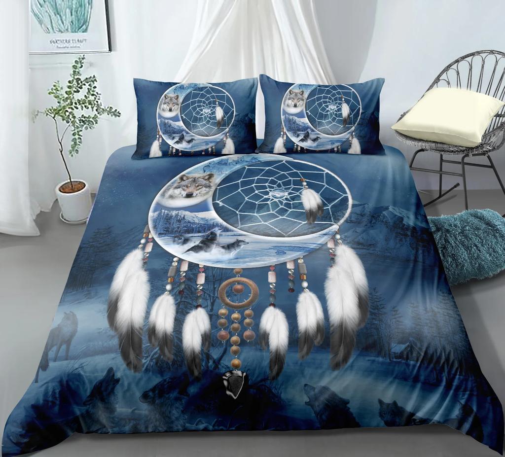 Bedclothes 2021 Indian Ann Wolf Bedding Kid Full Queen King Bed Bedlinen Bohemian Feathers Bedding Set Dreamcatcher Bedding Sets