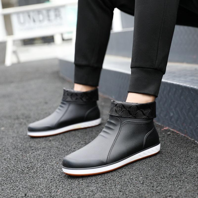 Fashion Men's Rain Shoes Medium Tube Rain Boots Non-slip Water Shoes Short Tube Fleece Rubber Shoes Kitchen Car Wash Fishing Work Shoes