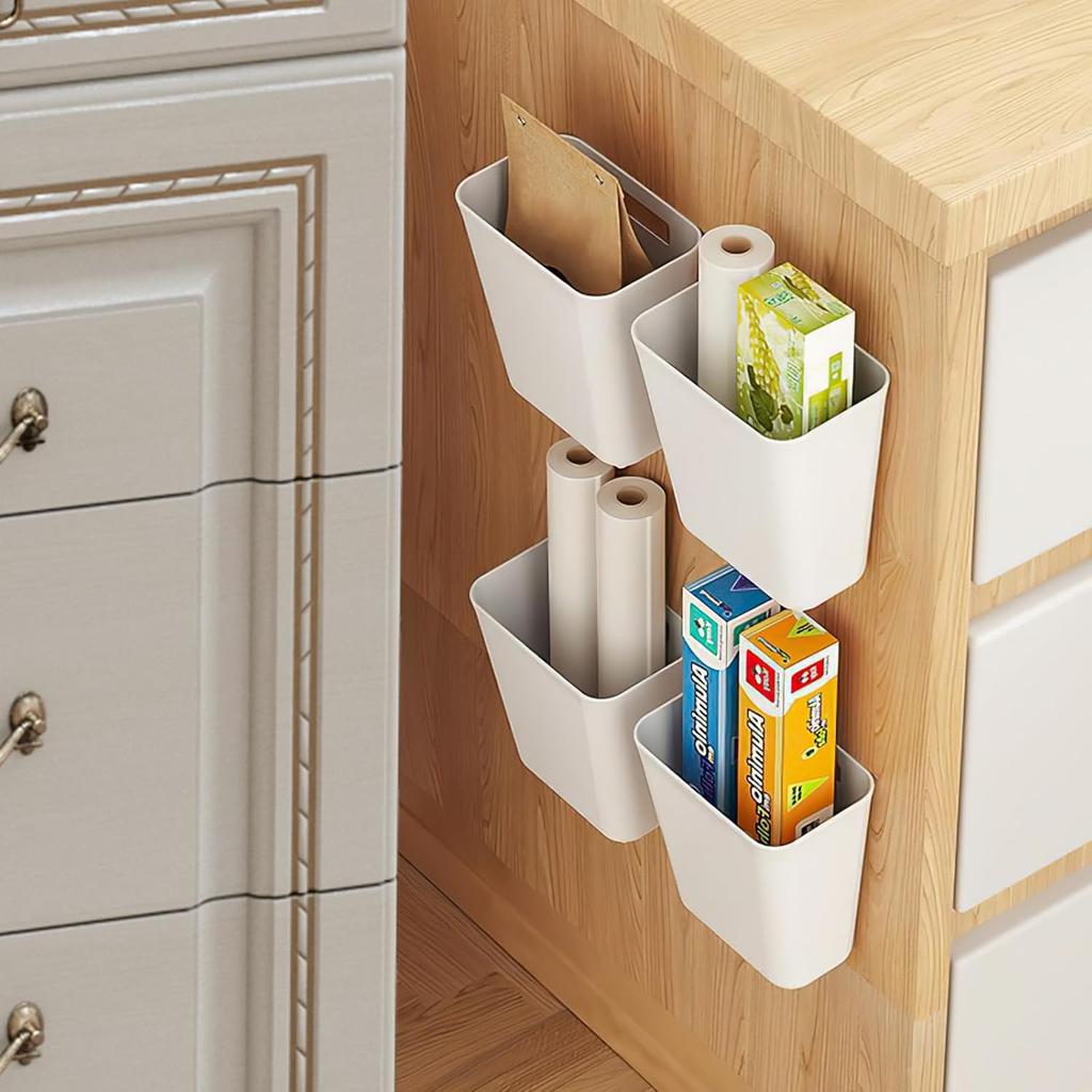 4 Pack Self-Adhesive Wall Mounted Storage Boxes, Kitchen Cabinet Door Storage Box Organiser, for Cupboard, Bathroom, Fridge Organiser Storage Box