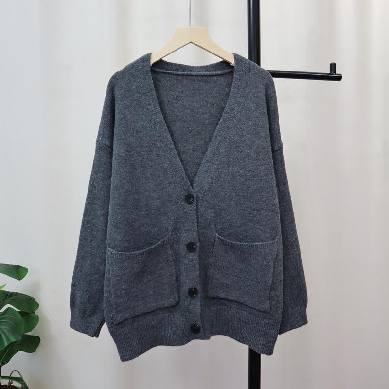 Gray knitted cardigan autumn and winter new loose and thin lazy style soft waxy temperament sweater jacket women