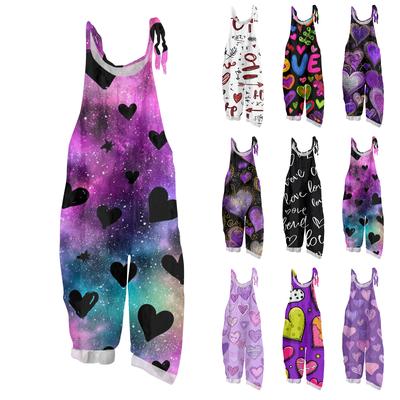Women's Heart,shaped Printed Casual Loose Retro Overalls Cotton and Linen One,piece Pants