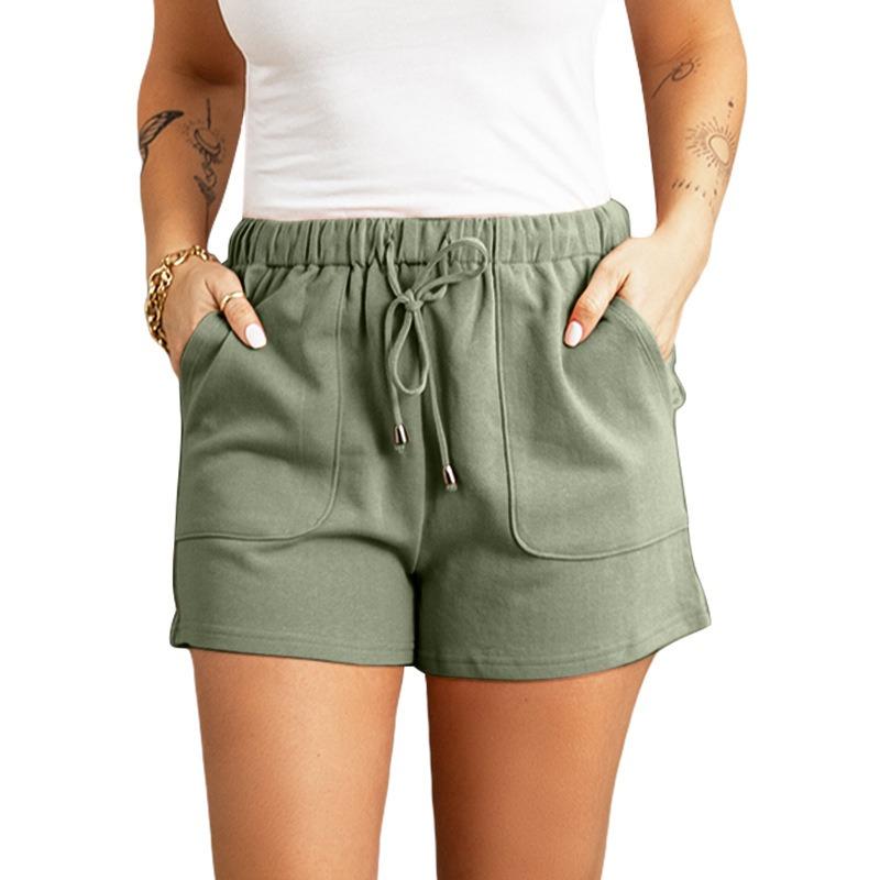 Women Solid Color High Waist Loose Straight Drawstring Casual Summer Shorts