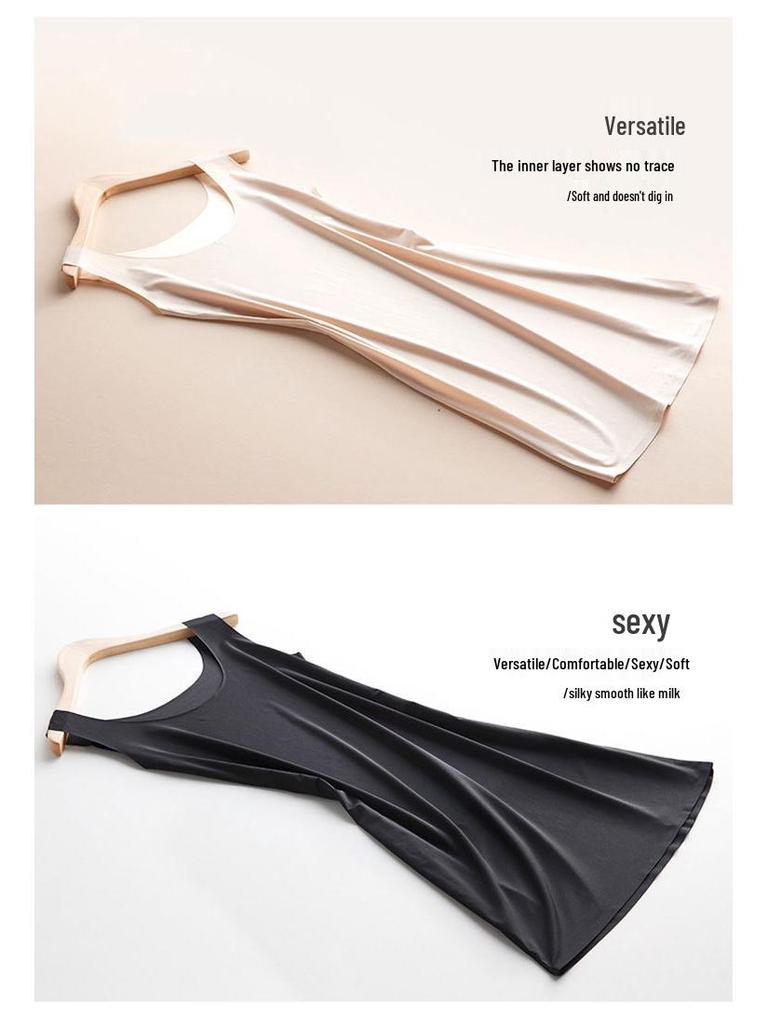 Plus Size Bezszwowa Halka z Lodowego Jedwabiu: Antyprzezroczysta, antyeksponująca koszulka na ramiączkach i sukienka nocna o średniej długości na lato.