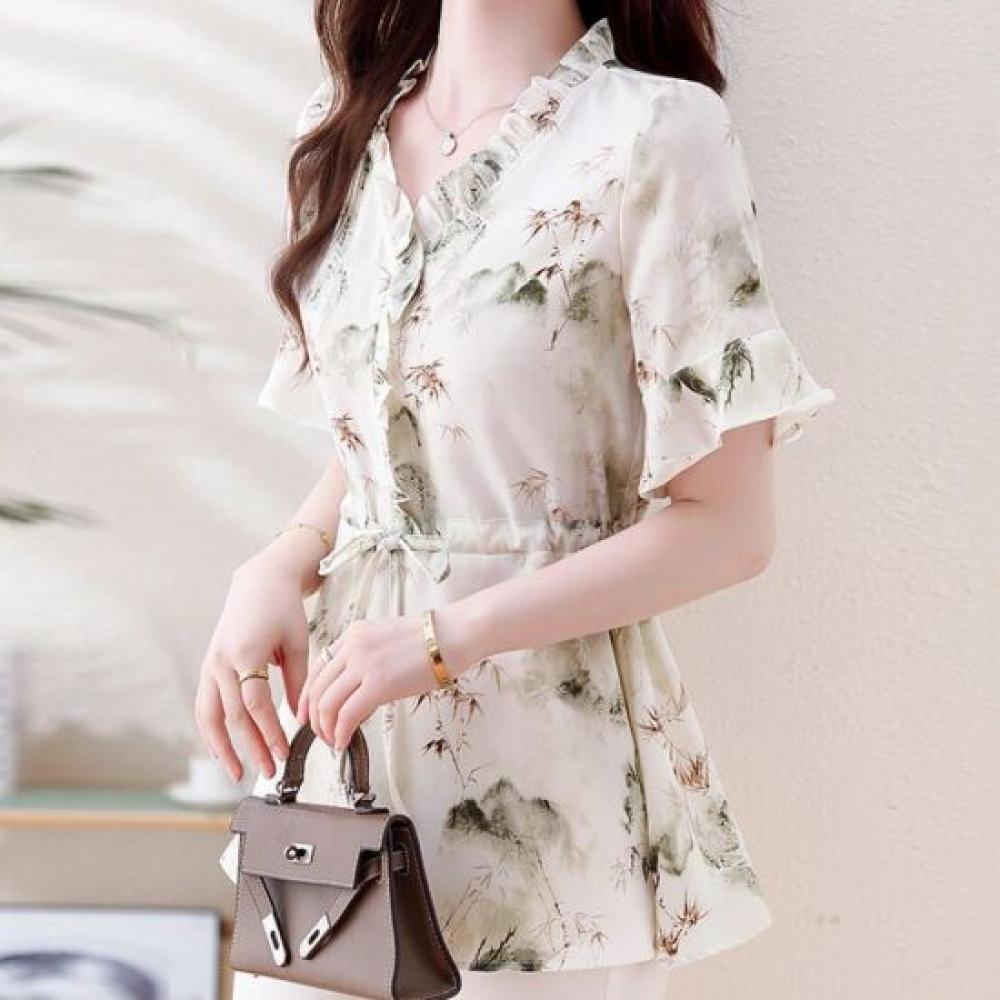 Navava Women Lovely Printing Frill Waist String Short Sleeve Blouse Nb3170