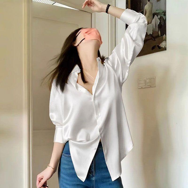 Fashionable White Satin Shirt Women Long Sleeve Spring Autumn Stylish Elegant Blouse Top