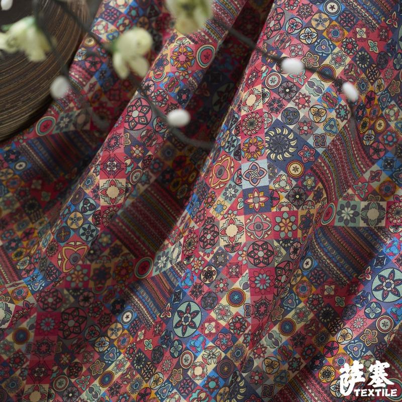 Pure Cotton Printed Plain Weave Fabric Ethnic Style Simia Fabric DIY Dress Coat Decorative Fabric Throw Pillow Bar Tablecloth