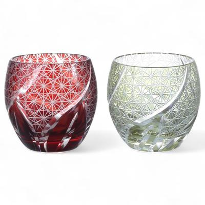 Mizukage Kiriko Pair Glass Cups for Cold Ranbori Komon Red Bishou Current Model J-kitchens Egg-Shaped Sake, 5.5×5.9cm, 100cc, Pattern, & Green,