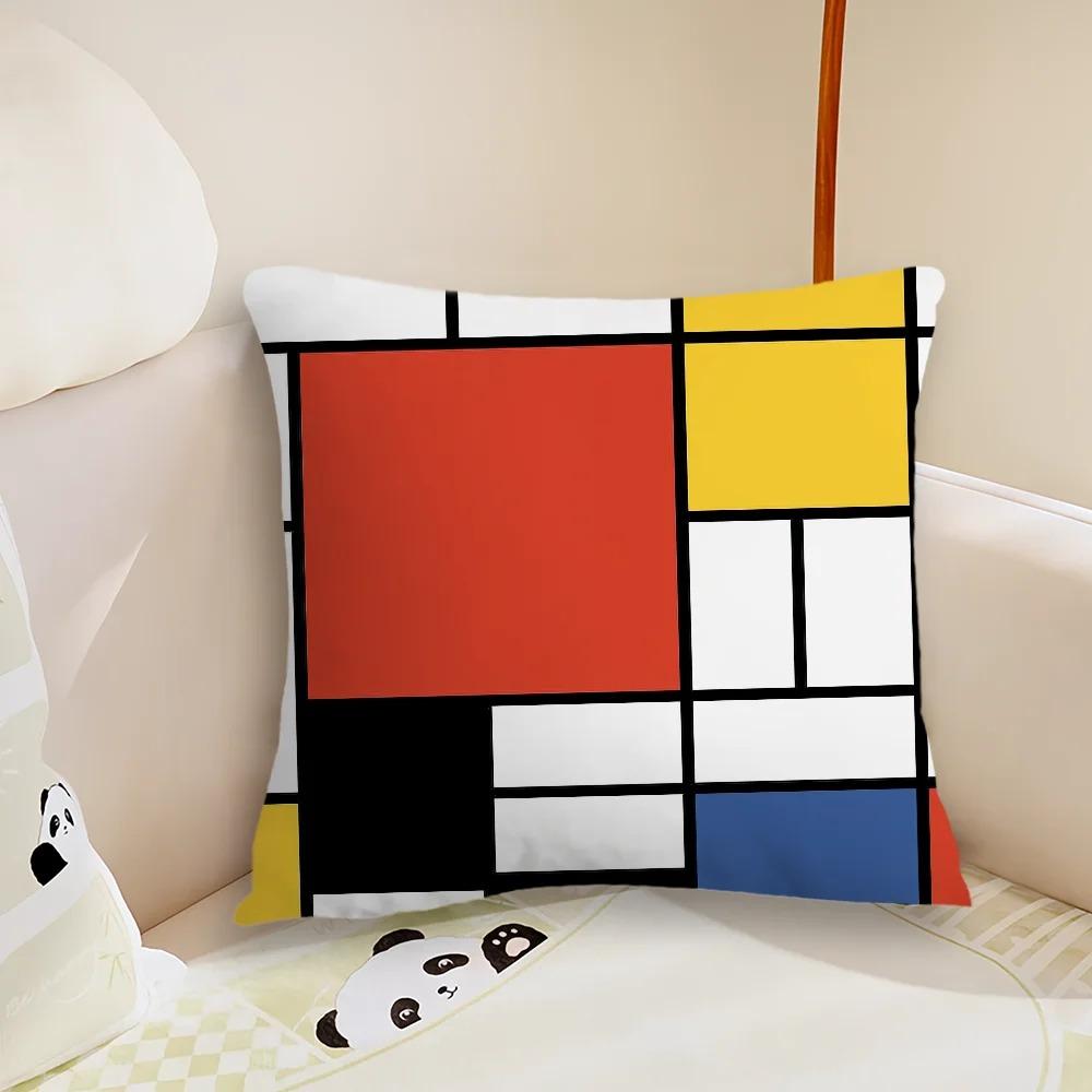 Abstract Geometric Art Cushion Cover Mondrian Color Block Peach Skin Pillowcase Modern Home Sofa Living Room Throw Pillow Decor